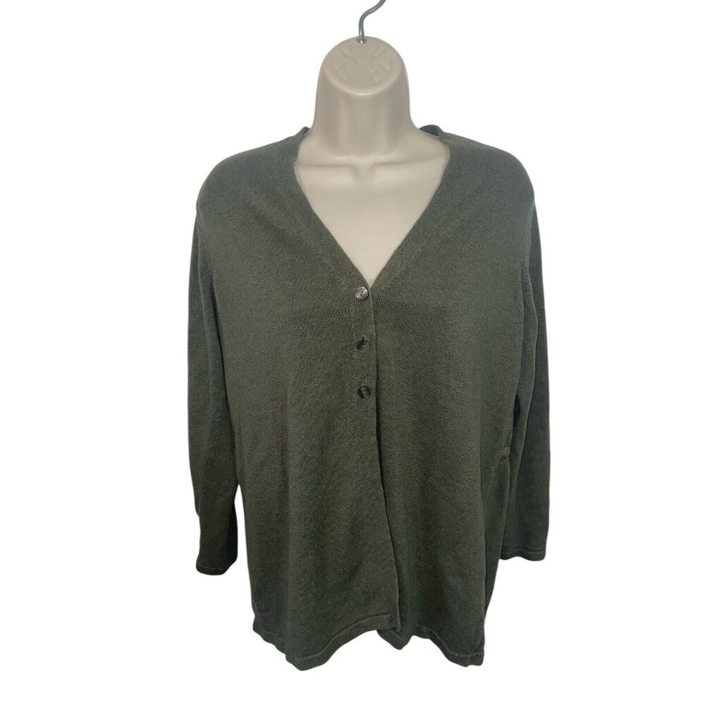 J JILL Women's Size Medium Green Linen Blend 3 Button Cardigan Sweater